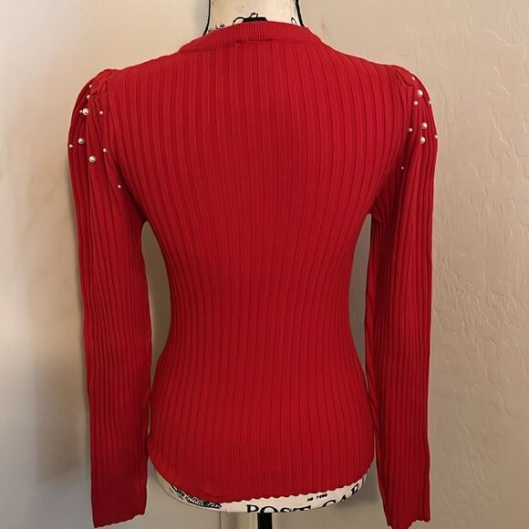 Bebe Red Rhinestone Bling Embellished Faux Pearl Detailed Ribbed Long Sleeve Top - Picture 4 of 11